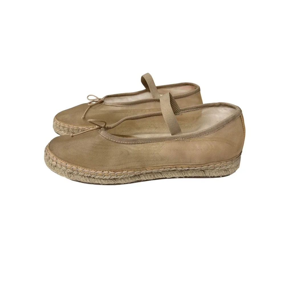 Loeffler Randall Kayla Flat Espadrilles Women 9 Mesh Tan Mary Jane Ballet Boho